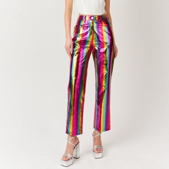 Amy Lynn Rainbow Lupe High Rise Straight Faux Leather Metallic Pants